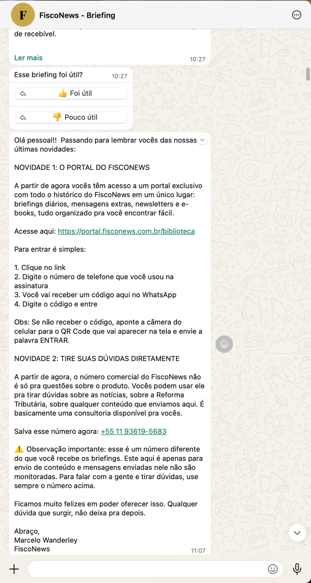 Print real do acompanhamento enviado pelo FiscoNews ao assinante