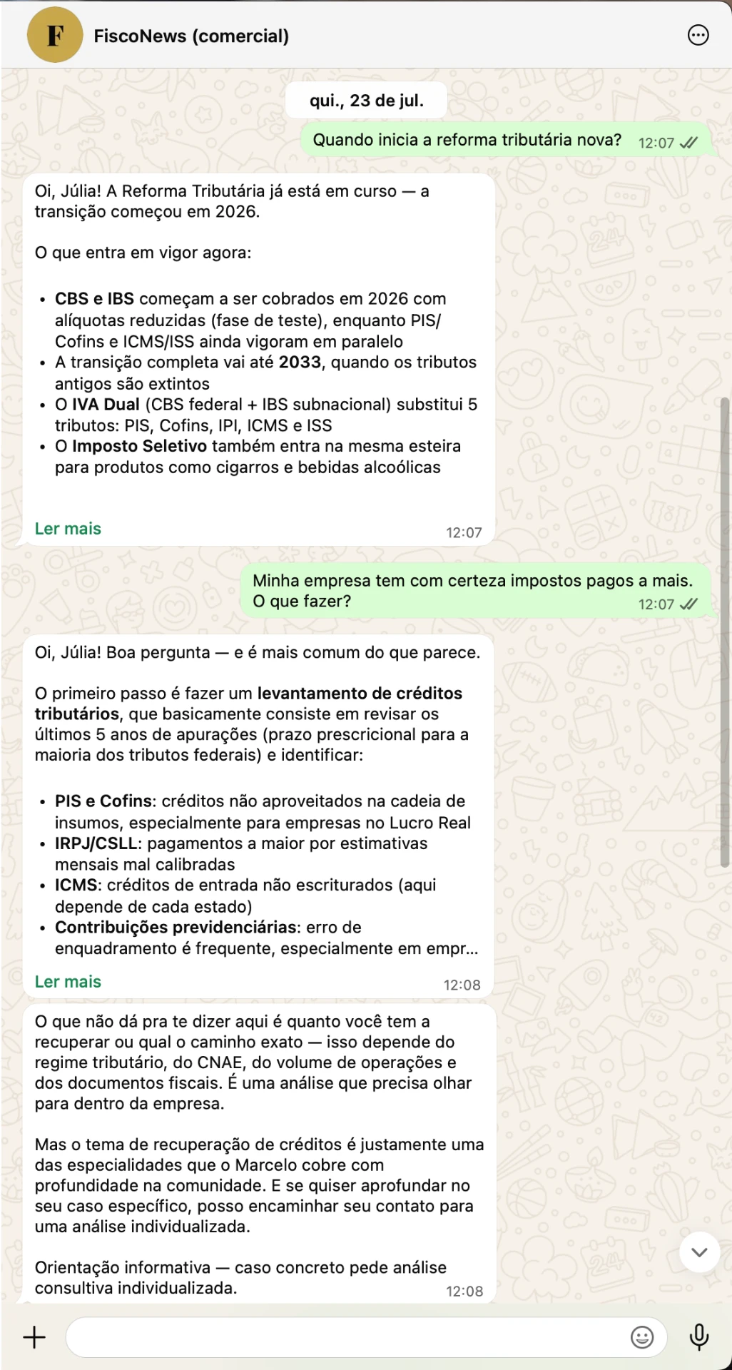 Print real de uma dúvida sendo enviada e respondida pelo canal de atendimento do FiscoNews
