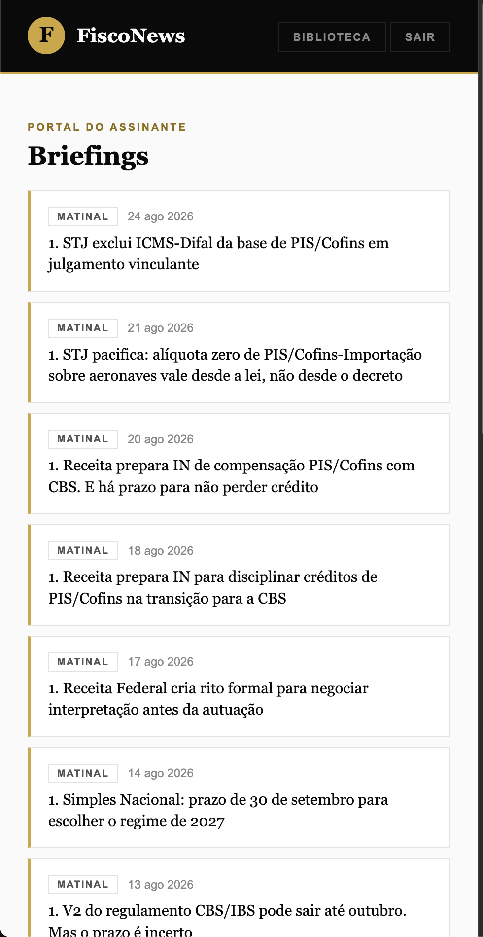 Tela real de Briefings do Portal do Assinante do FiscoNews