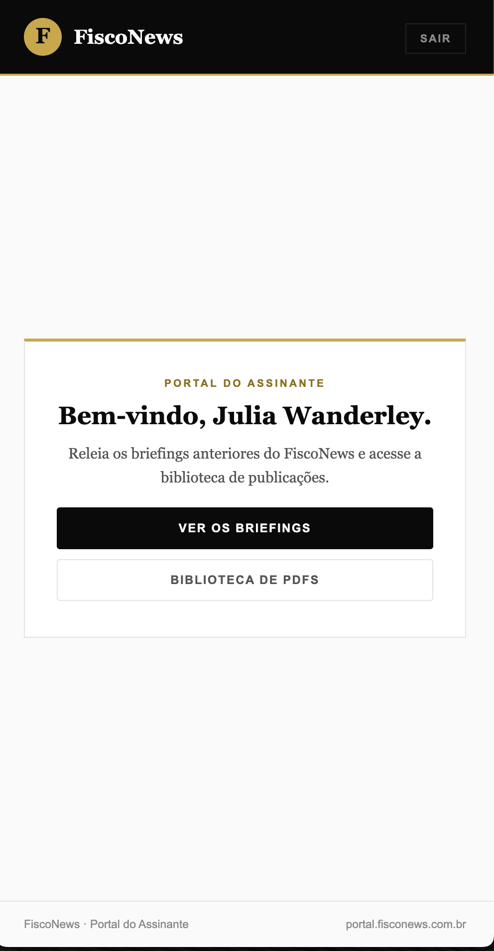 Tela inicial real do Portal do Assinante do FiscoNews